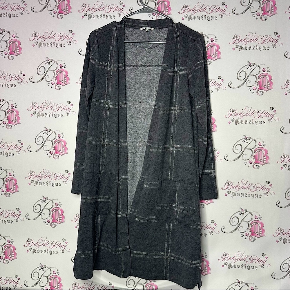 Sandwich_ cardigan grey open pockets long waterfall comfy Plaid Open Cardigan